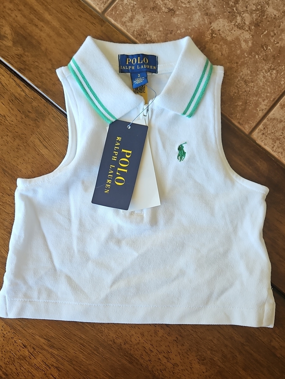 Polo by Ralph Lauren White Sleeveless Polo Top with Green Trim Zise 2